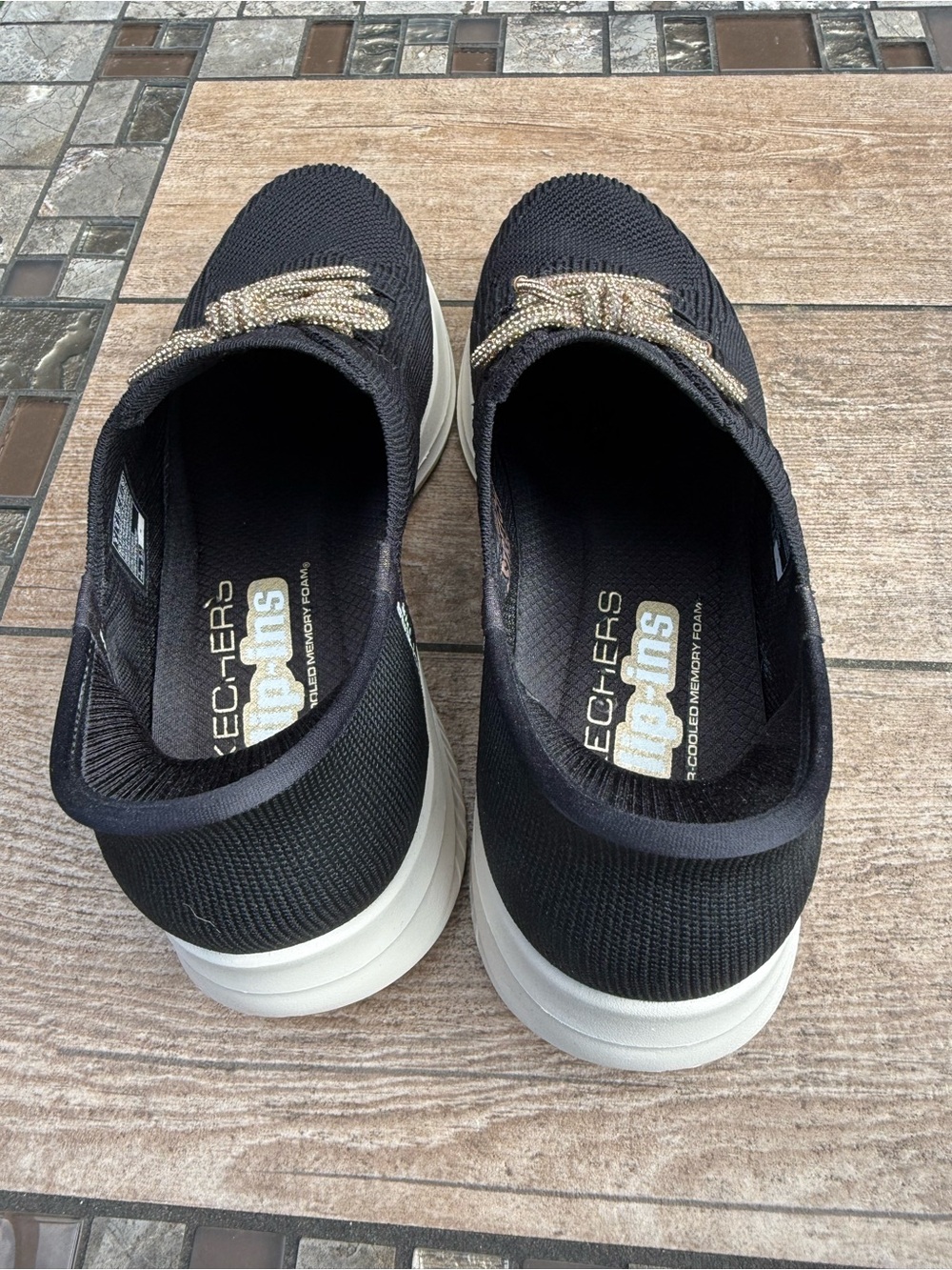 Skechers Women’s Ultra Flex Cosmic Black Slip-On Sneakers with Metallic Laces - Picture 2 of 7